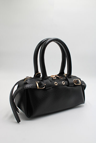 LASSO Women's Black Mini Hand, Arm, and Shoulder Bag with Front Belt Detail a...