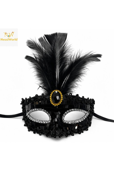 Generic Brand Mey Import ®   Luxury Black Feathered Stone Prom Mask