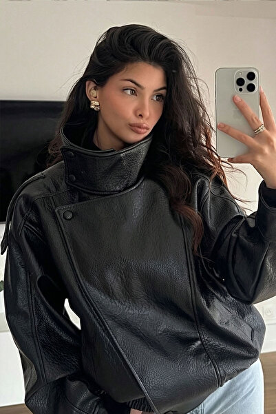 Moderk ZRA Dik Yaka Dokulu Suni Deri Ceket