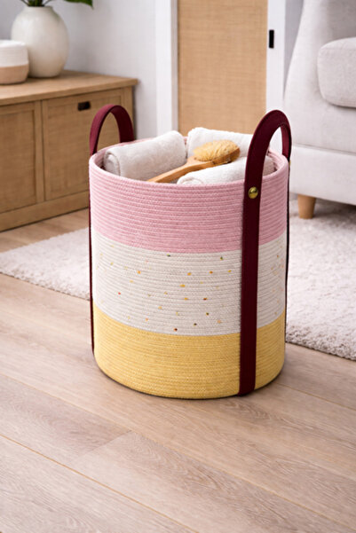 OEM Woven textile storage basket with handles, pink/white with dots and yello...