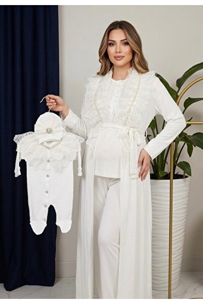 By Serpil Şener İnci ve Dantel Detaylı 3'lü Lohusa Pijama & Bebek Tulum Seti ...