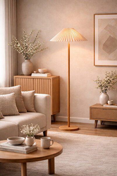 Vinner Nexus Pleated Floor Lamp – Natürel Ahşap Gövde Krem Plise Şapka Premiu...