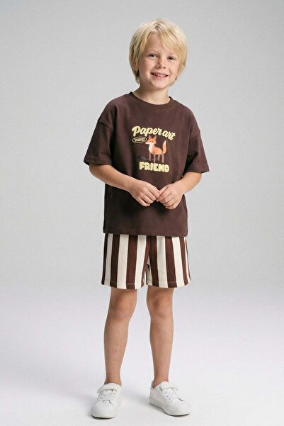 Monila Pantaloni scurți Brown Fox cu imprimeu tricou și cu dungi pentru băieț...