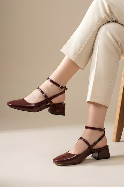 Suvindo Kadin Mary Jane Bordo Rugan Arkası Açık Kare Burunlu Baretli Klasik K...