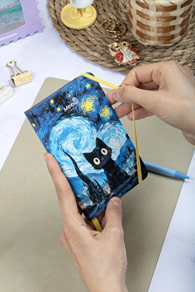 DİVAL 9X14 cm Hard Cover Striped Note School Notebook - Meow Kedili 1
