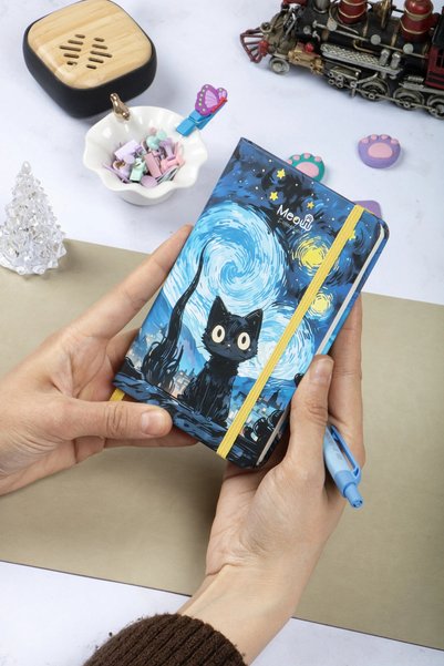 DİVAL 9X14 cm Hard Cover Striped Note School Notebook - Meow Kedili 1