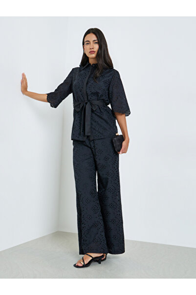 Styli Black Belted Schiffli Shirt and Pants Set