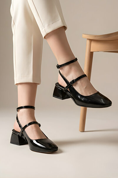 Suvindo Kadın Mary Jane Siyah Rugan Arkası Açık Kare Burunlu Baretli Klasik K...