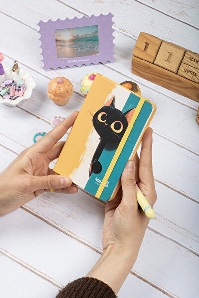 DİVAL 9X14 cm Hard Cover Striped Note School Notebook - Meow Kedili 3