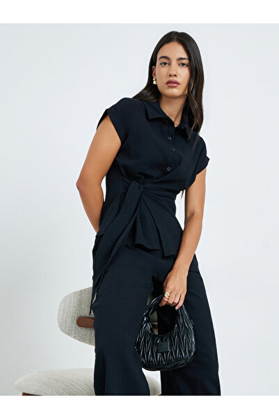 Styli Black Tie-Waist Wrap Shirt and Wide Leg Pants Co-ords