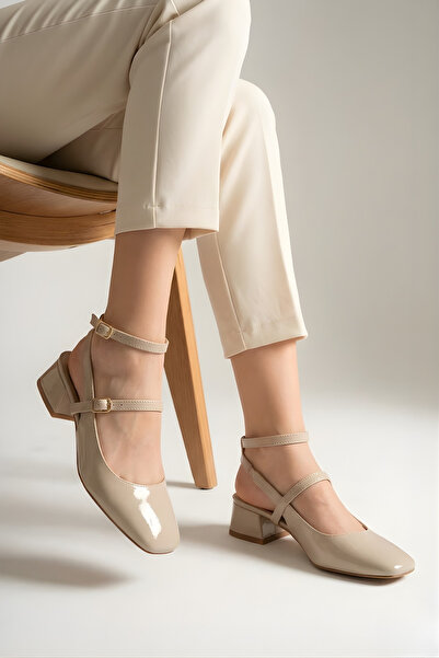 Suvindo Kadin Mary Jane Bej Rugan Arkası Açık Kare Burunlu Baretli Klasik Gün...