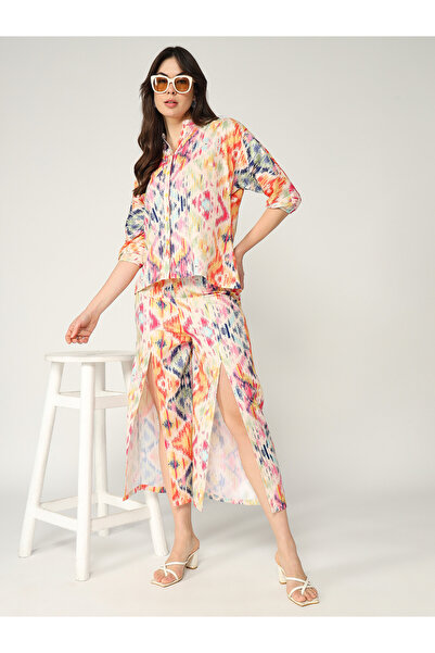 Pannkh By Styli Multi Ikat Digital Print Shirt and Slit Pants Co-Ords