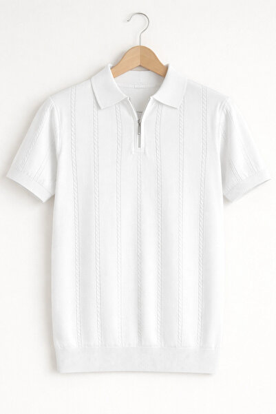 Edwox Tricou tricotat pentru bărbați cu guler polo cu model Alb Cd164