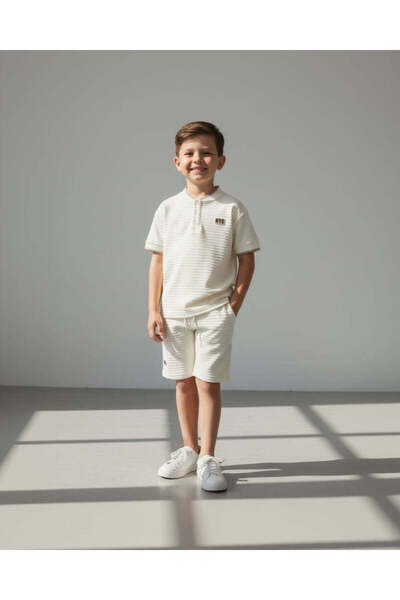 REDTAG Boys Beige Jacquard Henley T-Shirt With Shorts Set