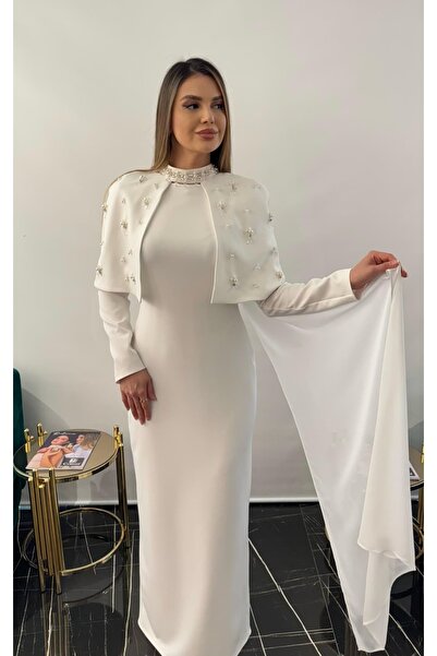 White Corner 3224 Special Pearl Hand-Embroidered Design Dress