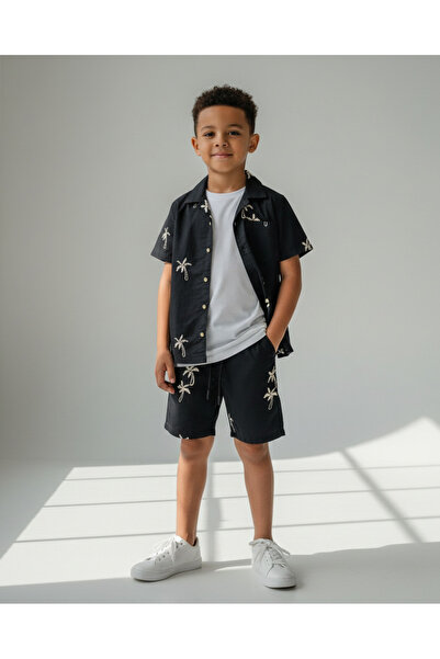 REDTAG Boys Black Embroidered Shirt With Shorts Set