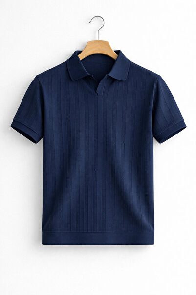 Edwox Ανδρικό πλεκτό μπλουζάκι με ανοιχτό γιακά Με σχέδιο Navy Blue Cd162