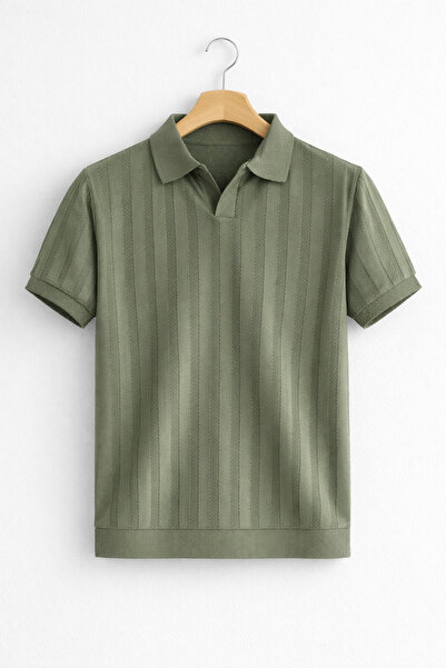 Edwox Ανδρικό πλεκτό μπλουζάκι με ανοιχτό γιακά Με σχέδιο Ανοιχτό πράσινο Cd162