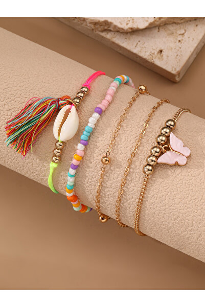 Take Two By Styli Set of 5 - Girls Bohemian Shell Seed Bead Anklet