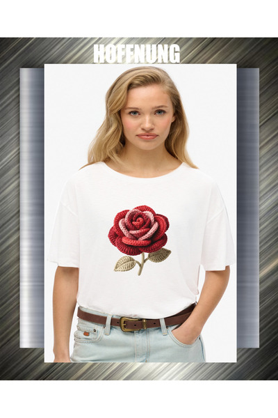 HOFFNUNG Unisex Short Sleeve Round Neck Red Pink Peige Rose Printed Solid Col...