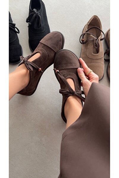 selin shoes Braven Hakiki Deri Düz Taban Bağcık Detay Kadın Ayakkabı- KAHVE SÜET