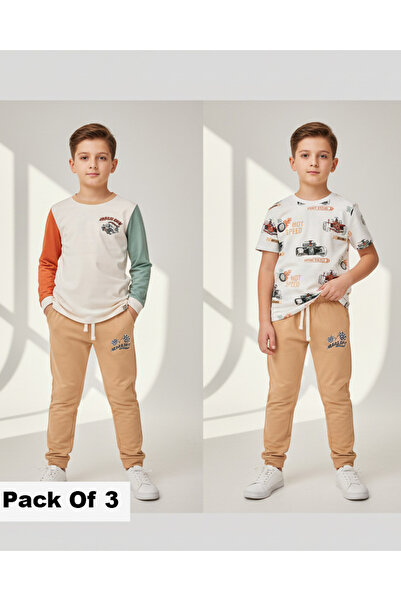 REDTAG طقم ملابس للأولاد مكون من قطعتين من التيشيرتات البيضاء مطبوع وبنطال ري...