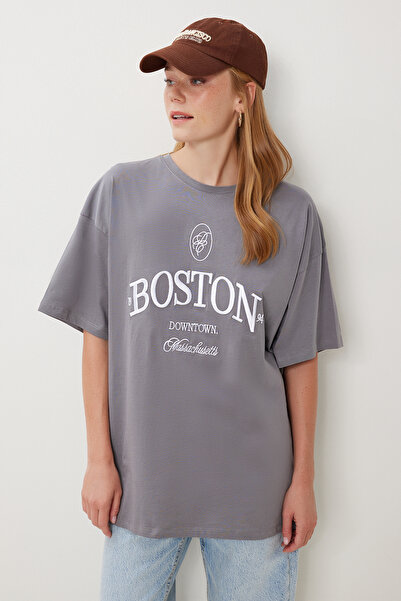 Lovelyİstanbul Embroidered O Oversized Knitted T-Shirt Lkt0014 Smoked