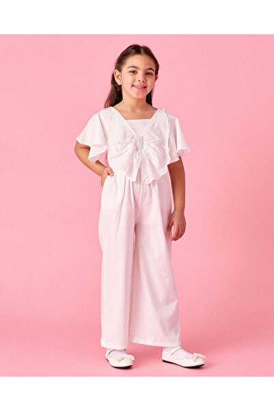 REDTAG Girls White Jumpsuite With Butterfly Crochet Lace And Beads At Front