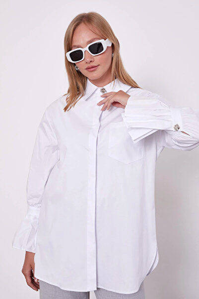Lale Butik Pile Detailed Sleeve Shirt 230143 White