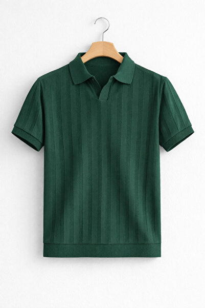 Edwox Tricou pentru bărbați cu guler deschis cu model Tricotaj Verde Cd162