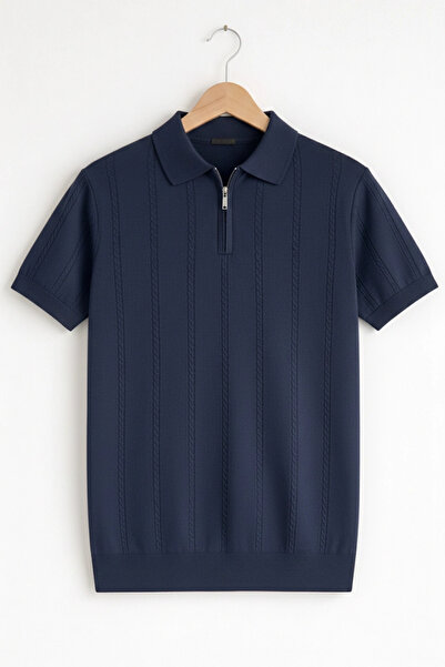 Edwox Tricou tricotat pentru bărbați cu gât polo cu model Bleumarin Cd164