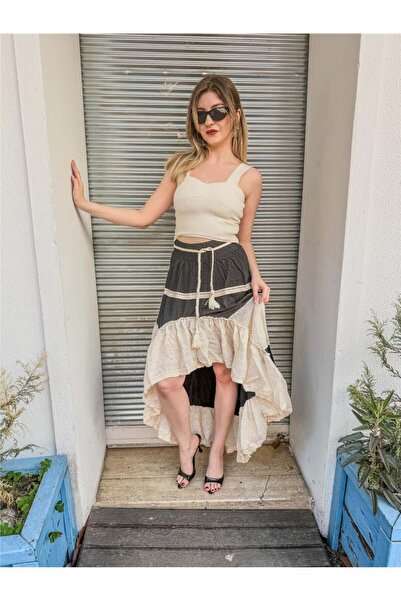 Miss Boheme Black Color Embroidered Piece Ruffled Skirt with Short Front and ...