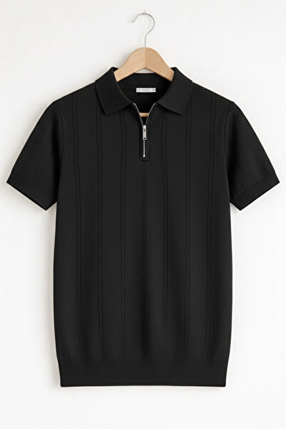 Edwox Tricou tricotat pentru bărbați cu gât polo cu model negru Cd164