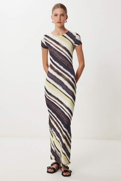 Lovelyİstanbul Patterned Slit Stretchy Knitted Dress Lkt0010 Brown Yellow