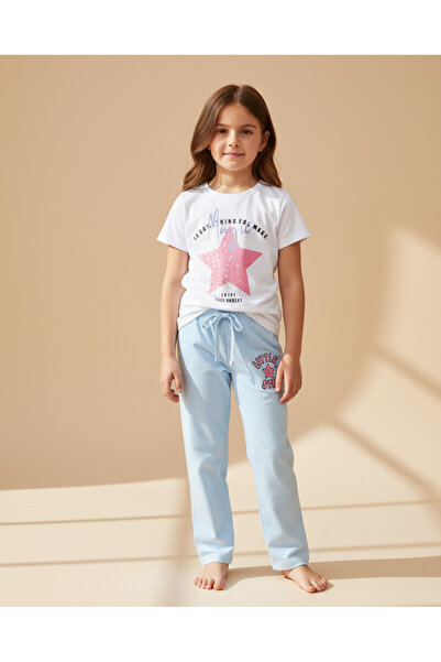 REDTAG طقم بيجاما بناتي أبيض وأزرق فاتح مزين بنجوم (قطعتان)