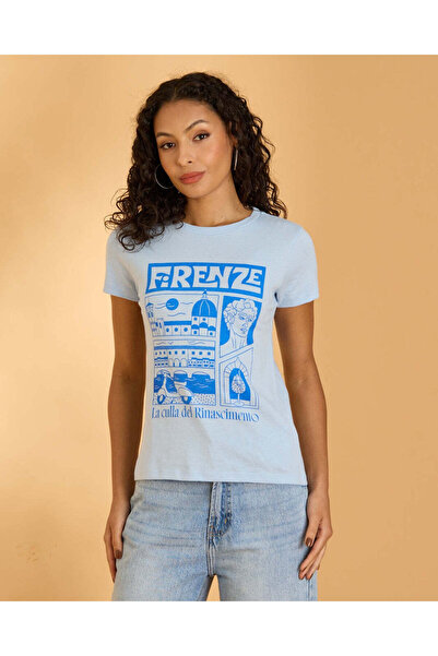 REDTAG Women Blue Printed T-Shirt