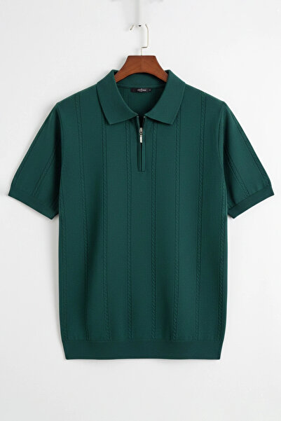 Edwox Tricou tricotat pentru bărbați cu gât polo cu model Verde Cd164