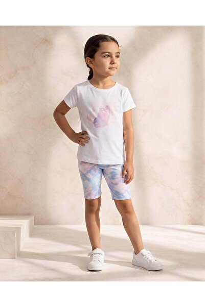 REDTAG Girls White Butterfly Print T-Shirt And Shorts Set