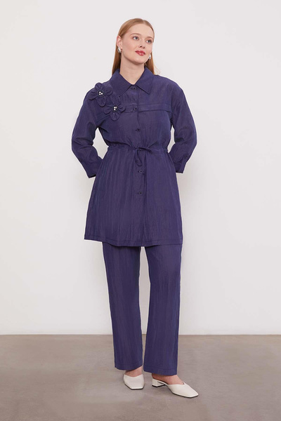 Lale Butik Floral Detail Shirt and Trousers Set 100796 Navy Blue