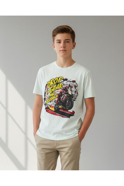 REDTAG Senior Boys Light Green Motorcycle Graphic T-Shirt