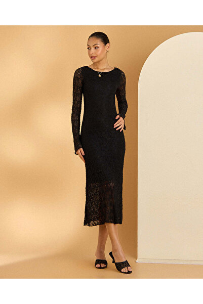 REDTAG فستان ميدي أسود من ذو ملمس بارز دانتيل