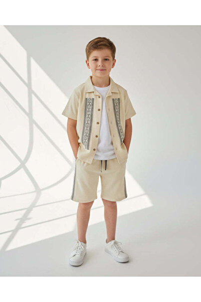 REDTAG Boys Beige Embroidered Shirt With Shorts Set