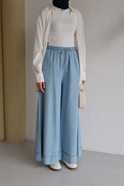 Neways 1138-Denim Elastic Wide Leg Trousers Blue