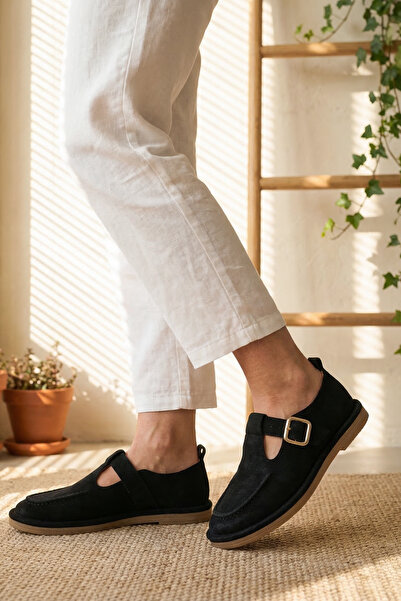 Moda Değirmeni Negru piele întoarsă Pantofi de damă curea li loafers MD1202-1...