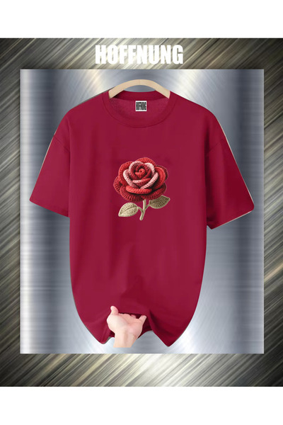 HOFFNUNG Unisex Short Sleeve Round Neck Red Rose Bear Printed Solid Color Tshirt