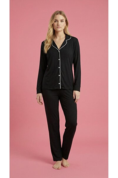 MEBA Costum de pijama sezonier pentru femei, tricotat, cu nasturi și mâneci l...