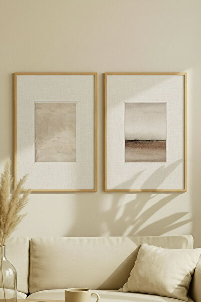 Zevahir Home 2 Pieces of Minimalist Abstract Vintage Paintings with Natural Wooden Frames