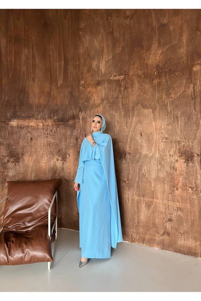 SAYRA Hijab Pearl Stone Embellished Long Evening Dress with Shawl Detail for Special Occasions - Pearl Model