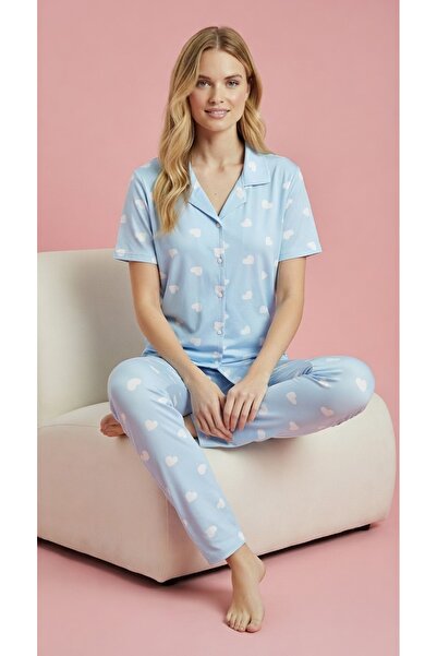 Elit Set de pijamale pentru femei cu nasturi în față cu mâneci scurte bumbac ...