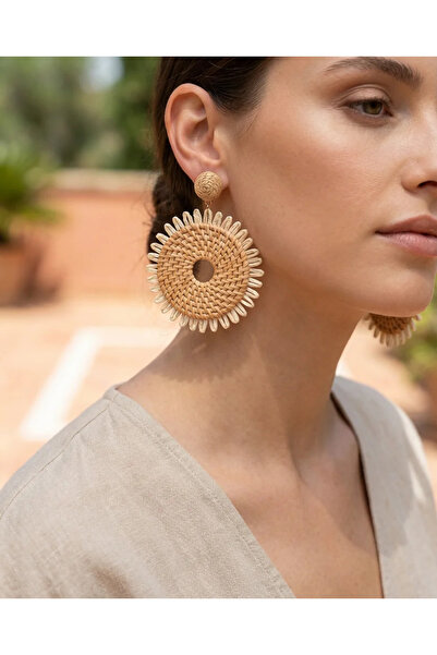Dorvina Straw Women's Earrings Brown Dangle Round Basket Weave Tasseled Bohem...